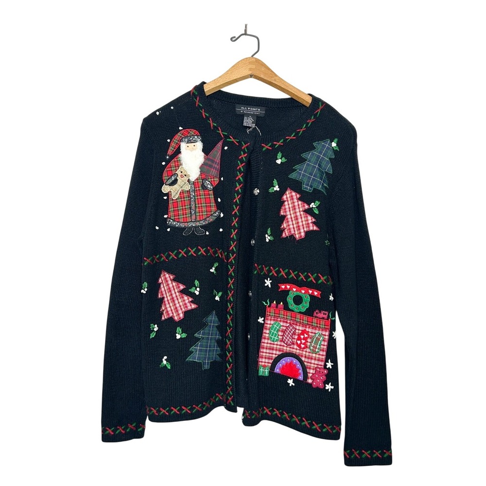 Vintage Y2K Reference Point Ugly Christmas Sweater Patchwork Holiday Cardigan M